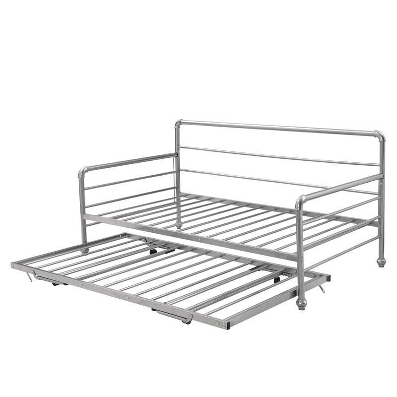 Twin Size Metal Daybed with Adjustable Popup Trundle(Same Height as