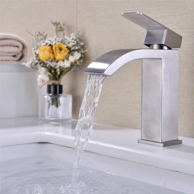 Waterfall Spout Bathroom Sink Single Handle Faucet with Pop-Up Drain (with Overflow)