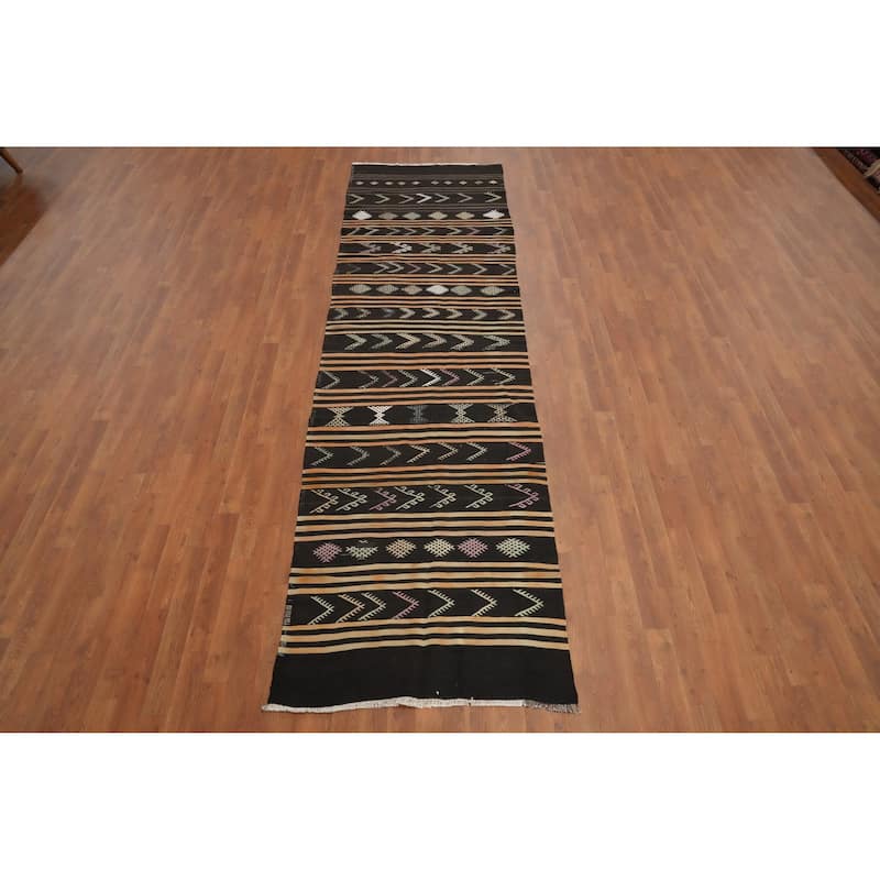 Hand Woven Oriental 100% Wool Carpet Southwestern Tribal Black Kilim Runner Rug - 11' 9'' X 3' 2''