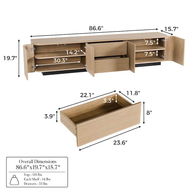 Modern Oak Wood TV Stand with 2 Drawers and Cabinets, 86.6" Long Media Console with Push-to-Open Doors, Anti-Tip Safety Design