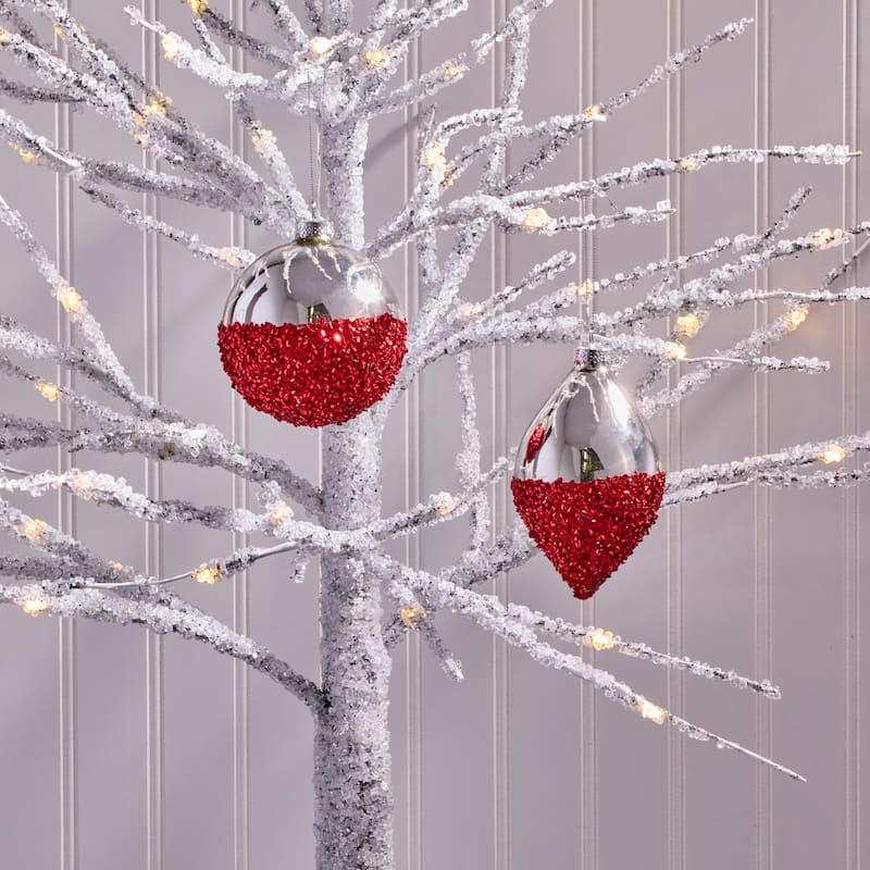 4-5.5" Glass and Sequin Ball and Finial Ornament Set of 2 - Red
