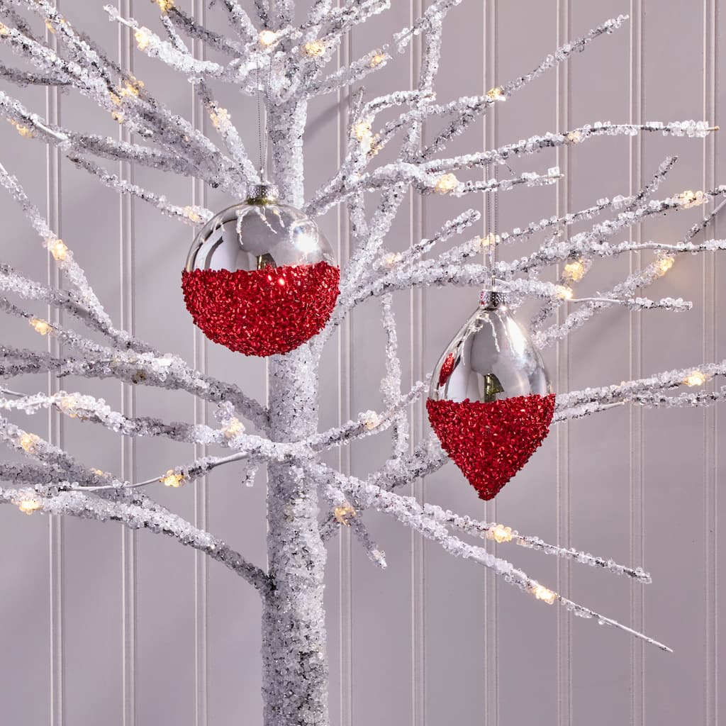 4-5.5" Glass and Sequin Ball and Finial Ornament Set of 2