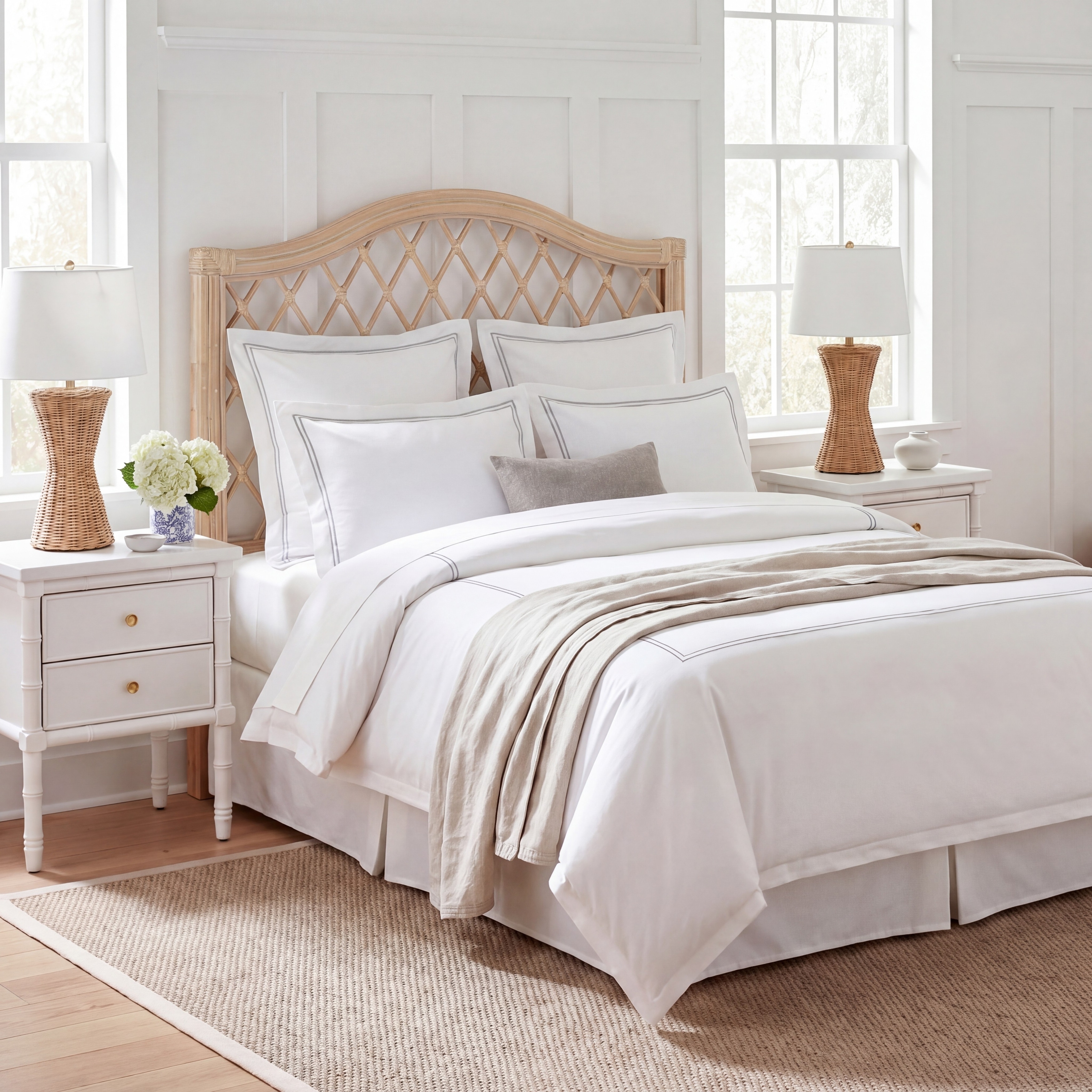 SAFAVIEH Gabrielle White Washed Rattan Wicker Trellis Headboard (Queen)