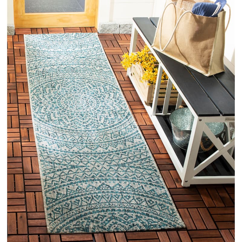 SAFAVIEH Courtyard Fran Mandala Indoor/ Outdoor Waterproof Patio Backyard Rug - 2'3" x 8' Runner - Light Grey/Teal