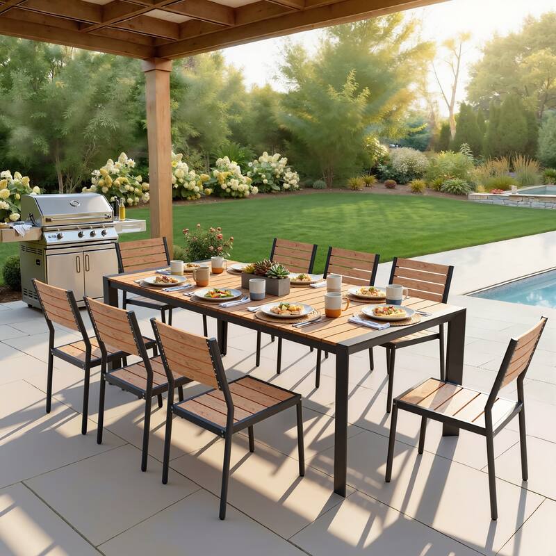 7/9/11-Piece Outdoor Patio Dining Set Aluminum Dining Table with Umbrella Hole and Stackable Dining Chairs