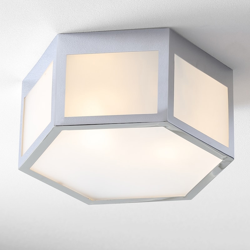 Cadence Hexagon Metal/Frosted Glass LED Flush Mount, Chrome by JONATHAN Y - 13"
