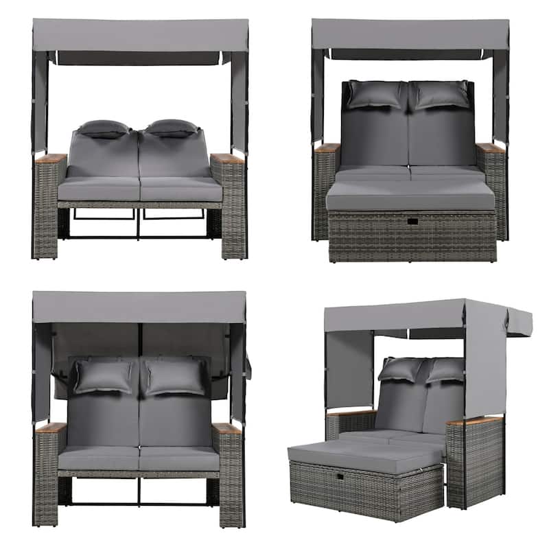 2 Piece Outdoor Rattan Daybed with 5 Positions,Bench and Cushions