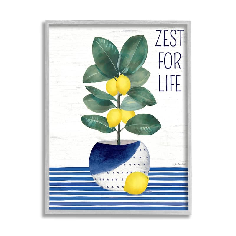 Stupell Zest For Life Lemon Plant Blue Stripes Framed Wall Art