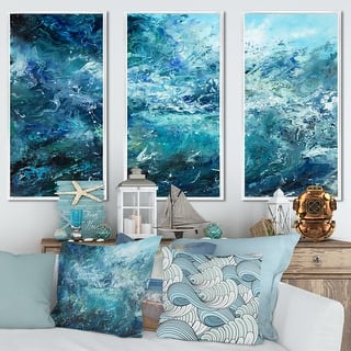 Designart "Wild Blue Ocean Waves V" Nautical & Coastal Framed Artwork Set of 3 - 4 Colors of Frames