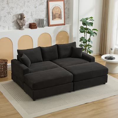 2 Pieces Corduroy Sectional Couch Cushion Covers with 2 Pillows, Black