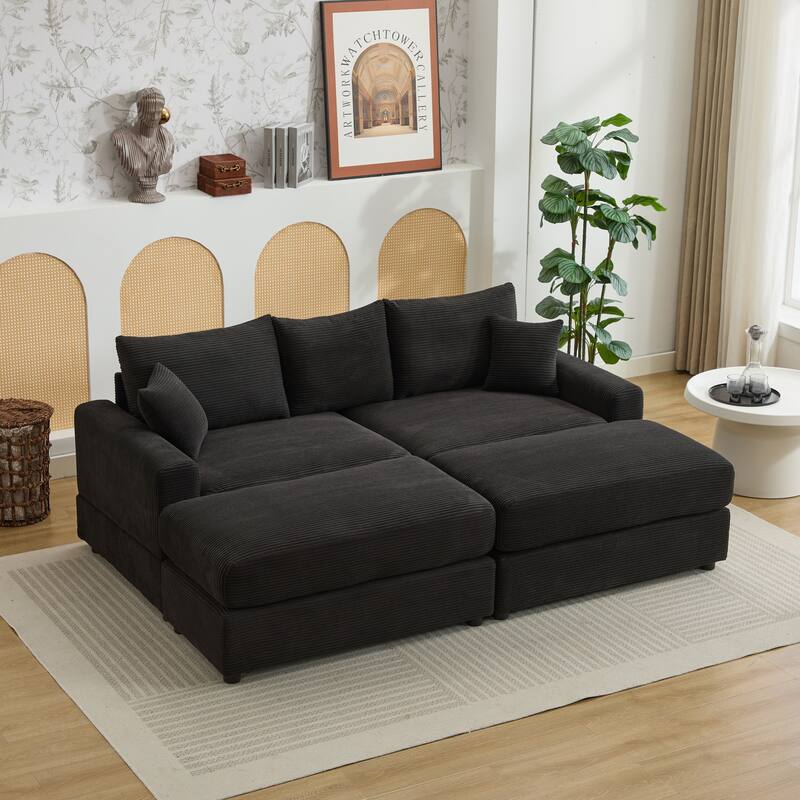Sectional Couch Sofa for Living Room, Modern Corduroy Modular Couch with 2 Ottoman, Corduroy Sofas for Apartment, Office - Black