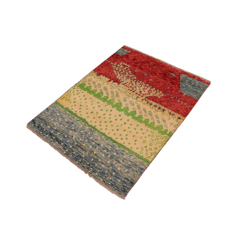 Contemporary Balochi Sawyer Blue/Red Hand Knotted Wool Rug - 3'2'' x 4'11''