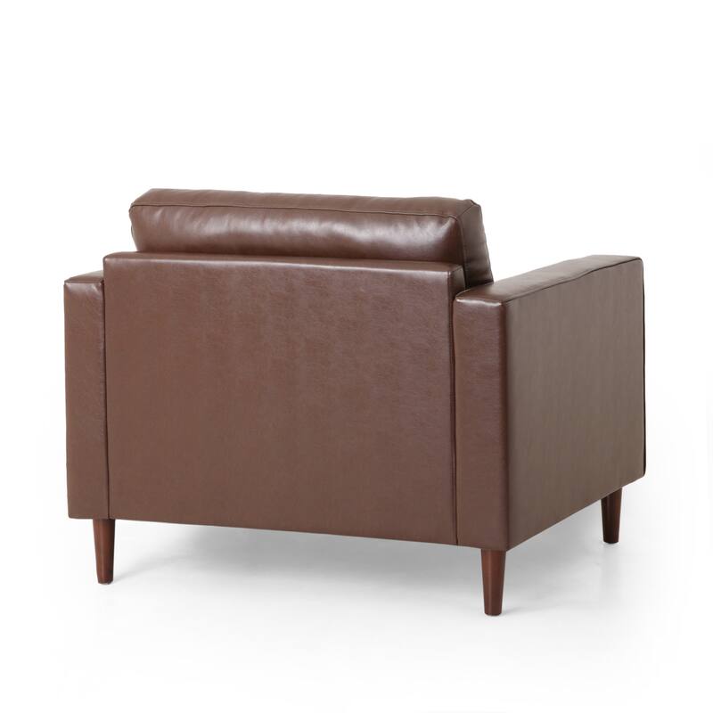 Roomfitters Faux Leather Club Chair with Tufted Seat, Bolster Pillows and Modern Wood Legs for Living Rooms, Dark Brown