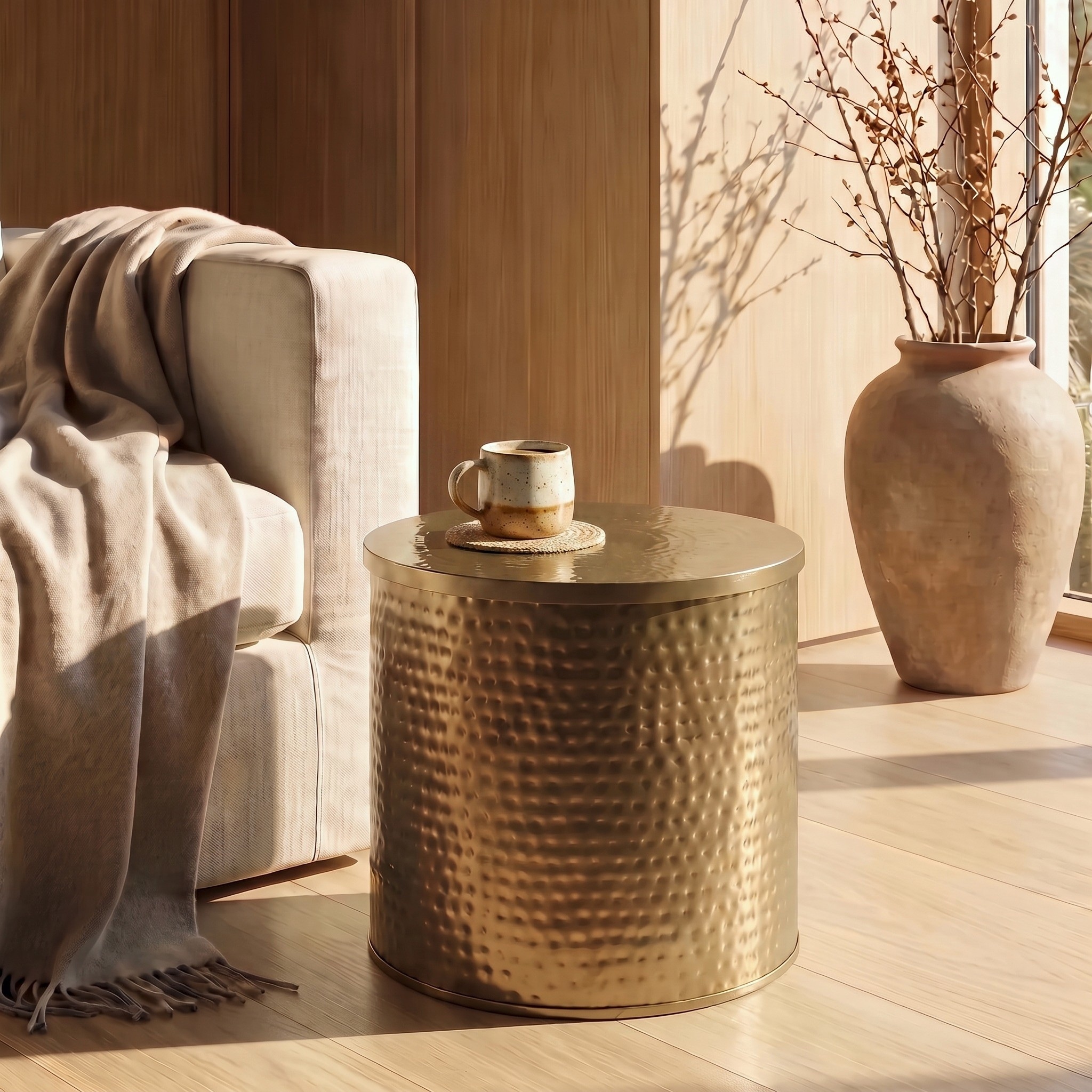 Brass Hammered Metal Drum Table with Lid