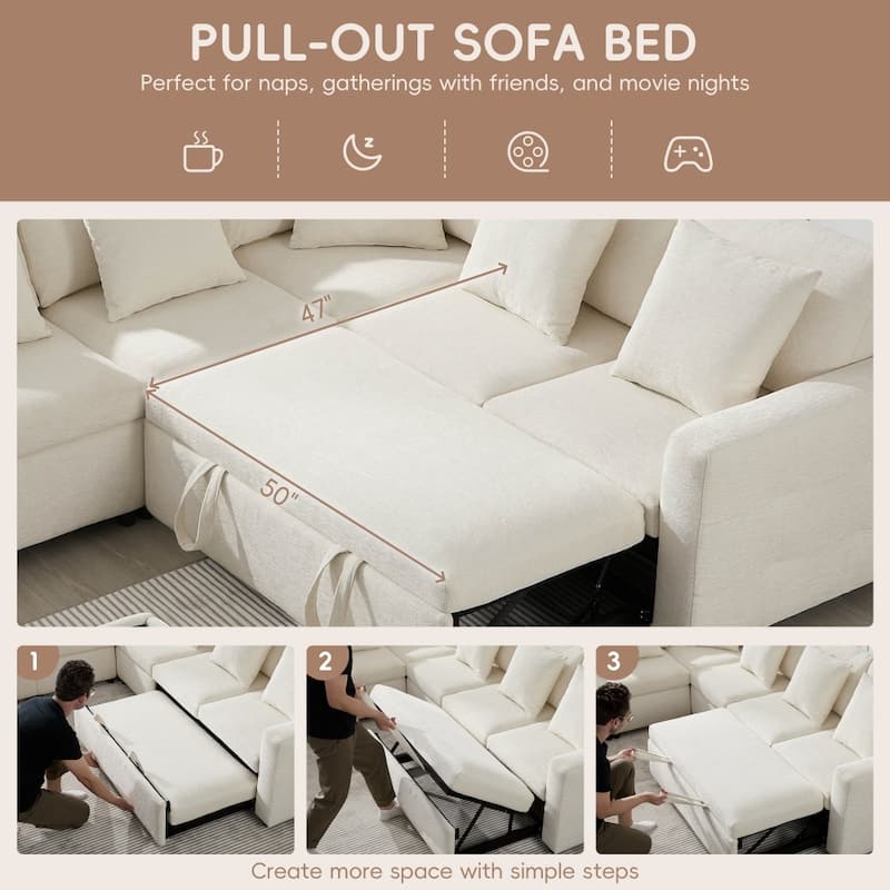 117" Modular Sectional Pull-out Sofa Bed with Flip-up Table Panel, Reading Lamp and Charging Ports