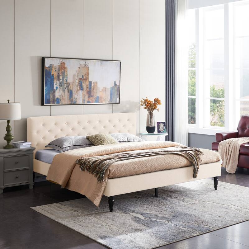 Button Tufted Wingback Headboard, King Size Upholstered Platform Bed Low Profile Bed with Turned Legs and Center Support Legs - Beige - King