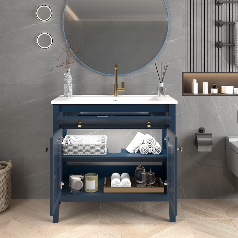 35.6-Inch Mid-Century Bathroom Vanity Sink with Patterned Glass & Motion-Sensor Light, Farmhouse Storage Vanity