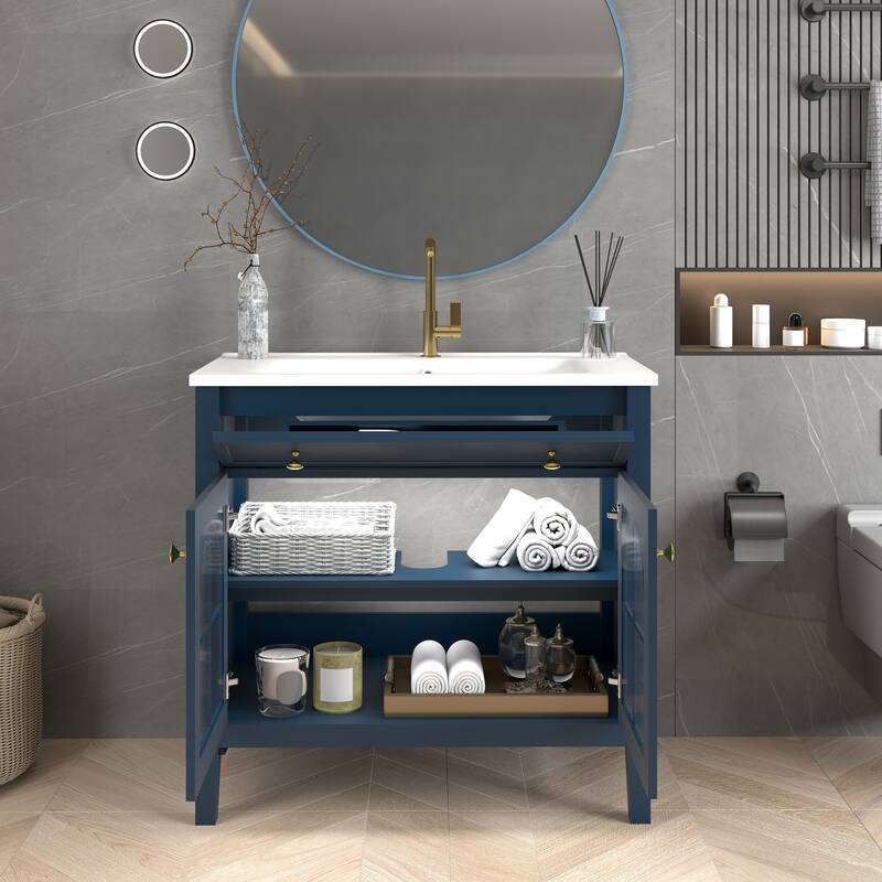 Modern Single Sink Bathroom Vanity Cabinet with Motion-sensor Light Strip & Patterned Glass, Ceramic Integrated Basin - Blue - 36 Inch