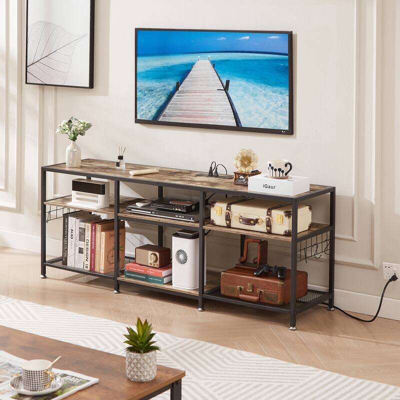 VECELO Wood TV Stand with Charging Station with Metal Frame, Storage Shelves Entertainment Center TV Cabinet - 63-Inch - Grey
