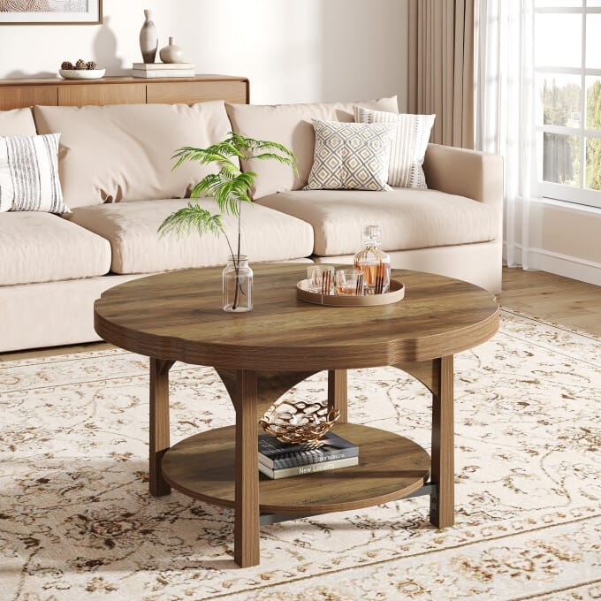 33.46'' Round Coffee Table, 2-Tier Wooden Center Table for Living Room