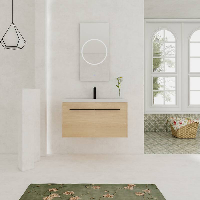 GDFStudio - Levistar Modern Wall-Mounted Bathroom Vanity Set with Scratch-Resistant Resin Sink & Soft Close Doors