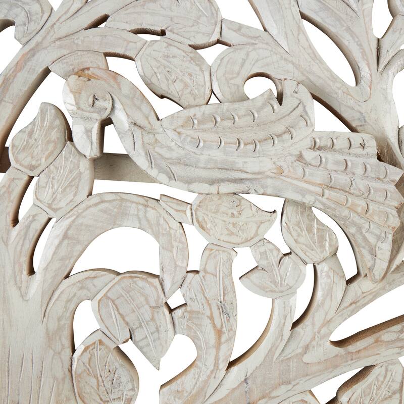 White or Brown Mango Wood Large Carved Tree Wall Decor with Scrollwork