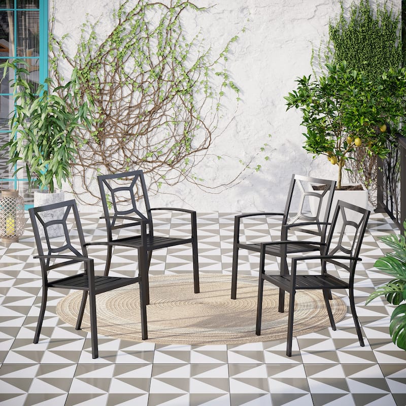 MAISON ARTS Black Steel Slat Seat Outdoor Dining Armchairs (Set of 4)