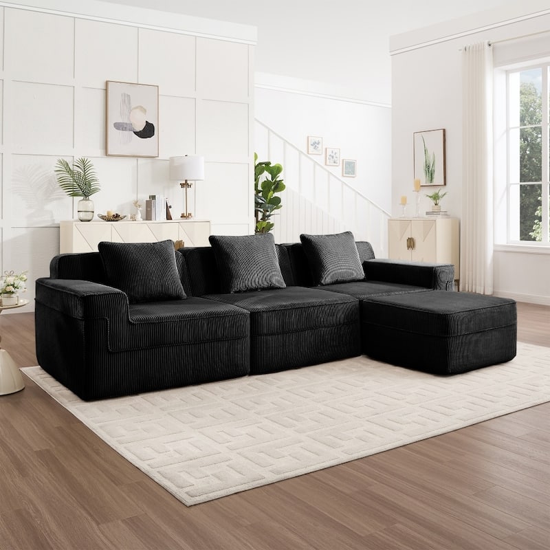 Modular L-shaped Deep Seat Boneless Cloud Sectional Sofa with Throw Pillows & Ottoman
