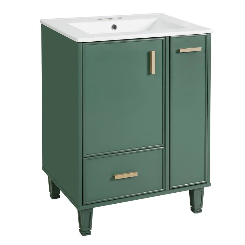 Bathroom Vanity with Ceramic Sink, Freestanding Bathroom Cabinets with Door Shelf, Deep Drawer & 2-Tier Pull-Out Baskets