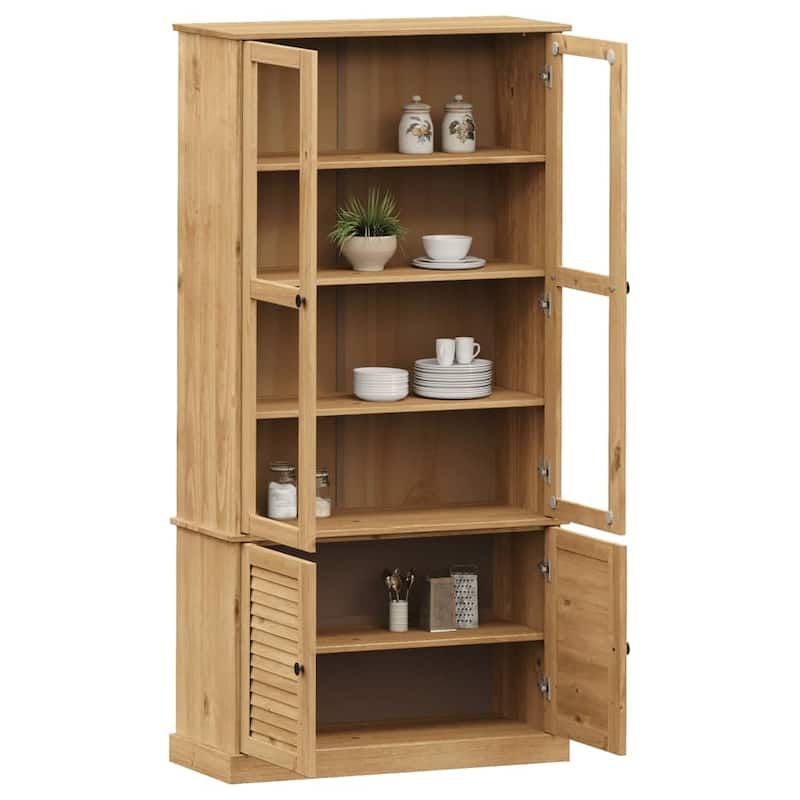 vidaXL Glass Display Cabinet Storage Highboard Living Room Solid Wood Pine - 33.5 x 33.5 x 66.9 in