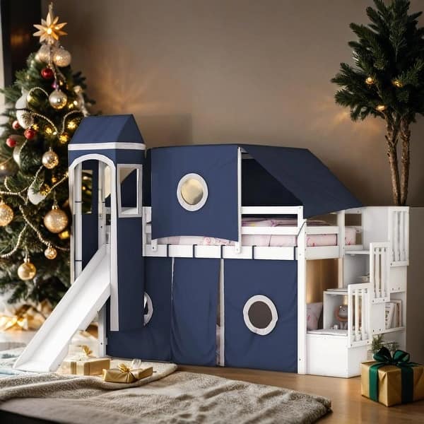 slide 2 of 20, Impression Twin Size Playhouse Inspired Bunk Bed with Slide Pink Tent and Tower, Sturdy Construction & Unique Design, Blue Blue