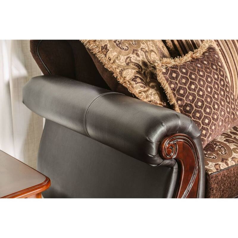 Fabric and Leatherette Loveseat with Rolled Arms in Dark Brown