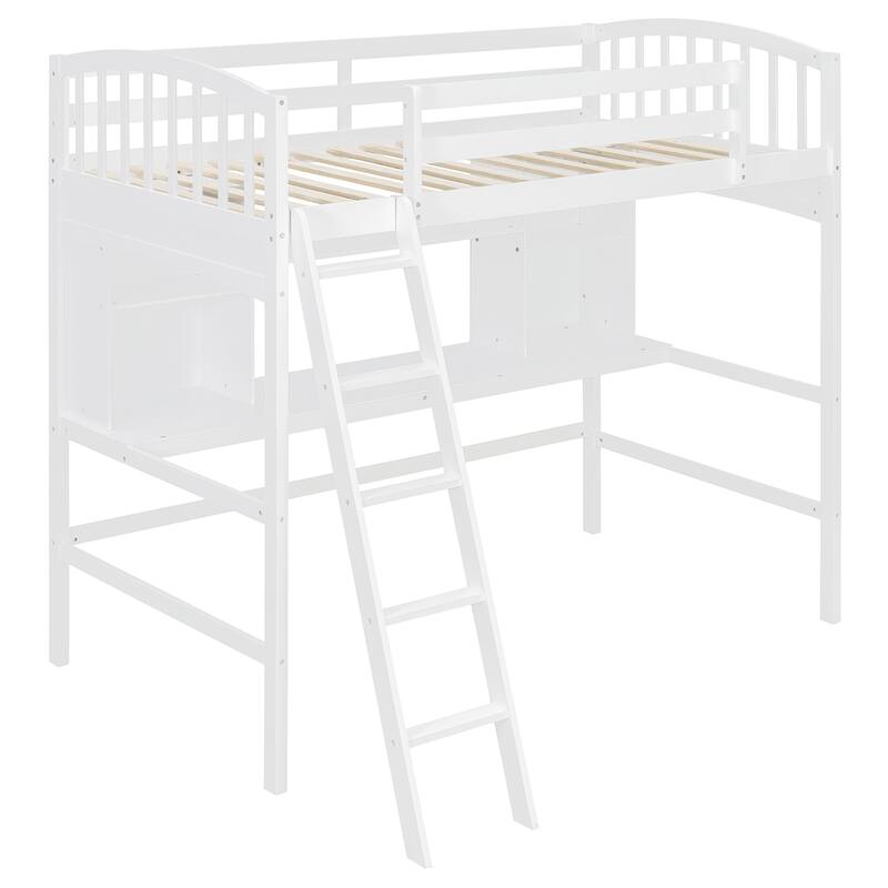 Twin Size Loft Bed with Storage Shelves, Desk, and Ladder