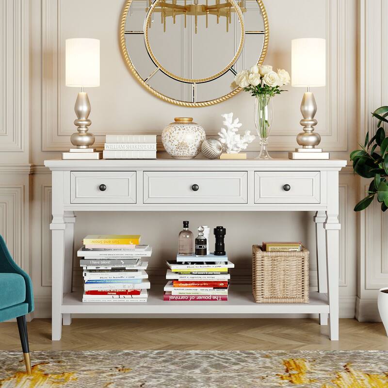 Classic Console Table with 3 Top Drawers and Open Style Bottom Shelf - Antique White