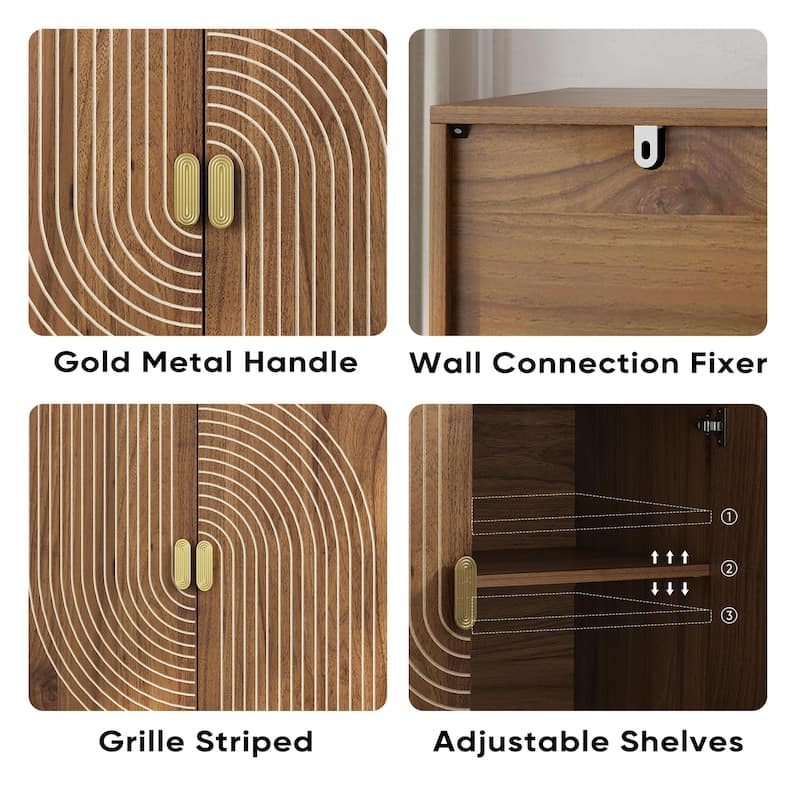 Walnut 31.5" Wood Buffet Cabinet with Line Groove Design