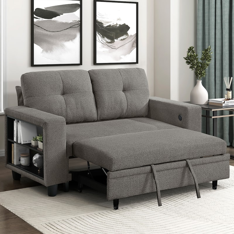 Hazel 56.5" Boucle 2-Seater Loveseat - Pull-out Bed, Shelves, USB Port