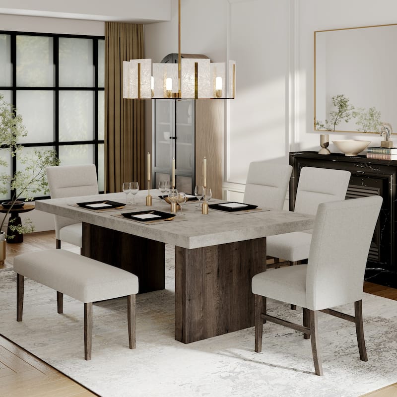 Roundhill Furniture Sorlen Modern 6-Piece Dining Set, 3D Faux Concrete Table with 4 Chairs and Bench