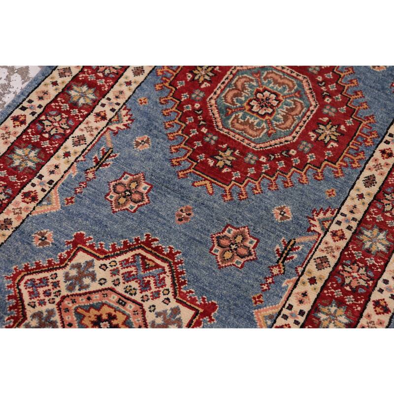 Southwestern Super Kazak Esme Light Blue/Red Hand Knotted Wool Runner - 2'5'' x 9'9''