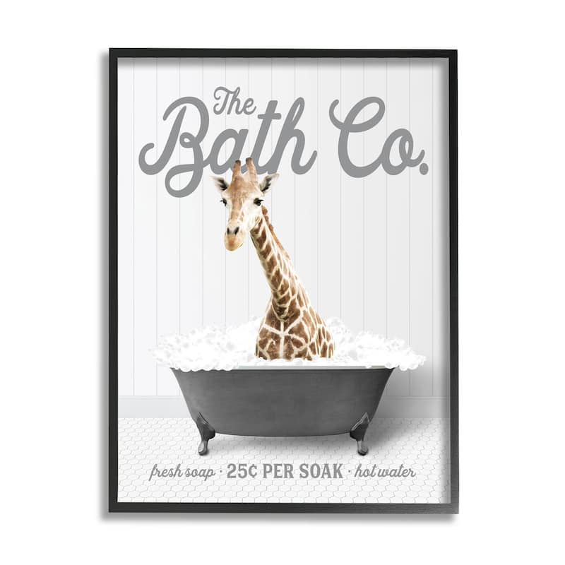 Stupell Giraffe in Bubble Bath Framed Giclee Art Design by Lettered and Lined - 11 x 14 - Black