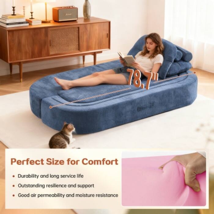 Modern Convertible Floor Sofa Bed with Corduroy Cushion, 2 Pillows & No Assembly
