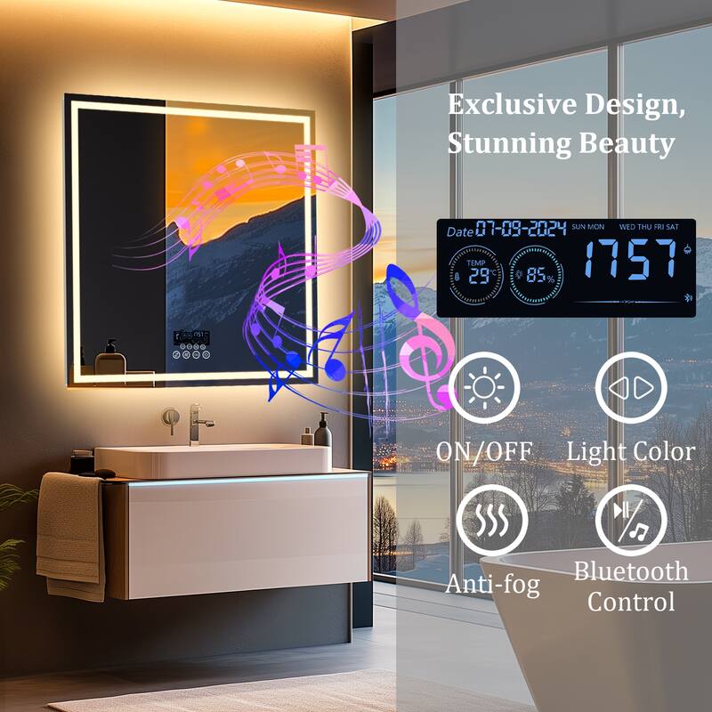 Smart LED Illuminated Fog-free Large Bathroom Mirror with Bluetooth Speakers, Digital Display