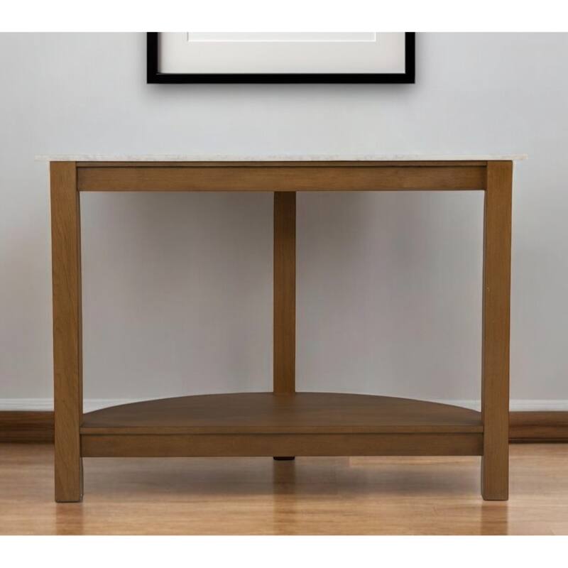 White Faux Marble Half Circle Console Table with Shelf and Wood Base - 41.75” L x 20” W x 30.25” H