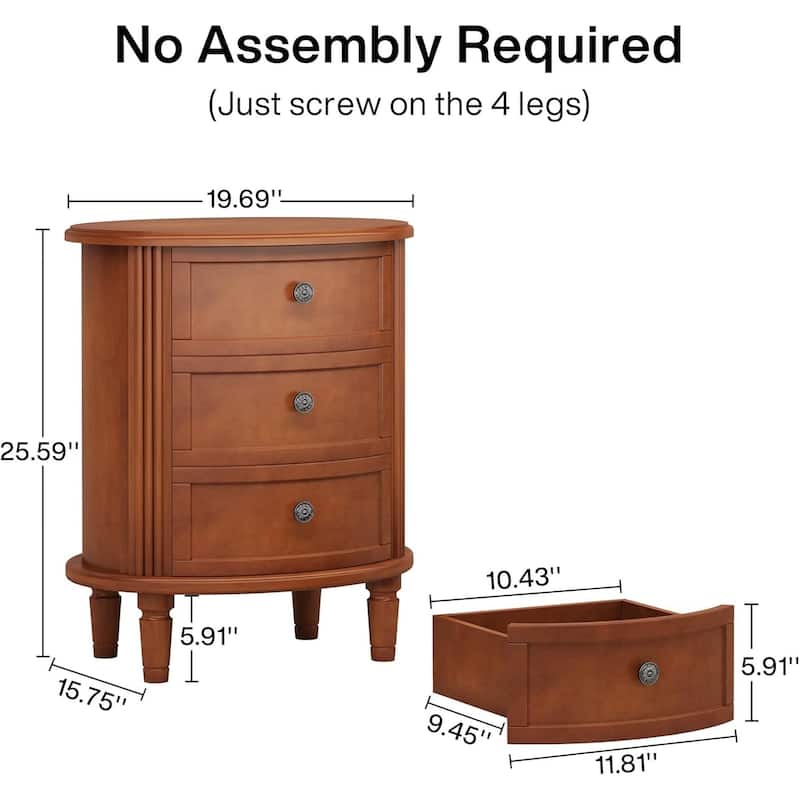White Wood No Assembly Required 3-Drawer Bedside Table for Bedroom