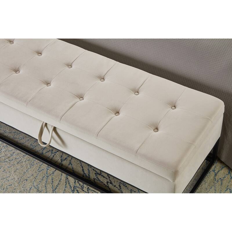 Velvet Upholstered Storage Seat Leisure Stool with Metal Frame, Exquisite End of Bed Corridor Stool with Button Tufting