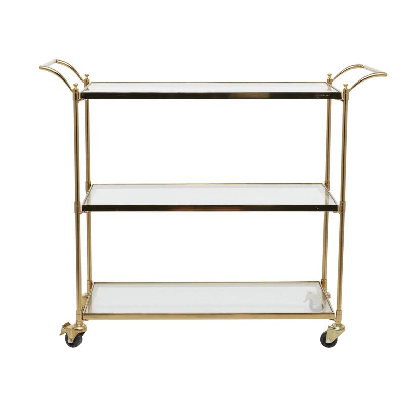 Brass Metal Rolling 3 Glass Shelves Bar Cart with Lockable Wheels