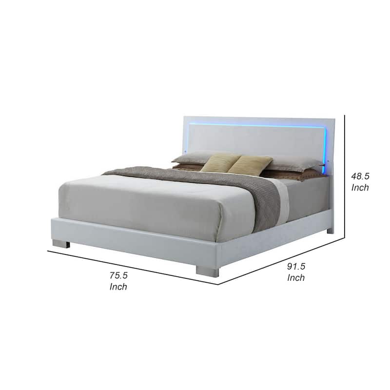 Sok California King Panel Bed, LED Headboard, Low Profile Footboard, White