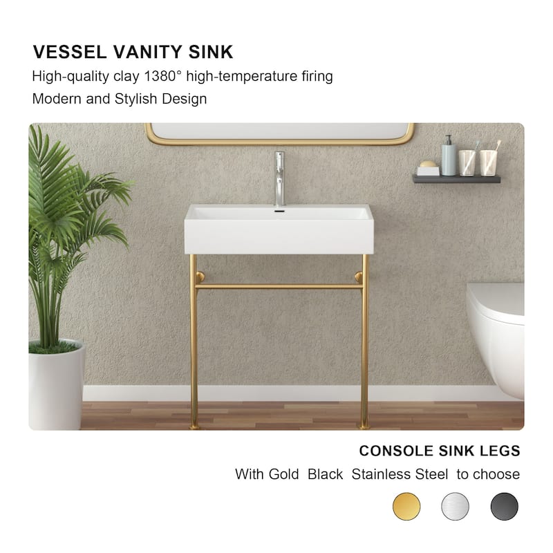 Lordear 24/30 in Ceramic White Single Bowl Console Sink Basin and Black/Gold Legs Combo with Overflow