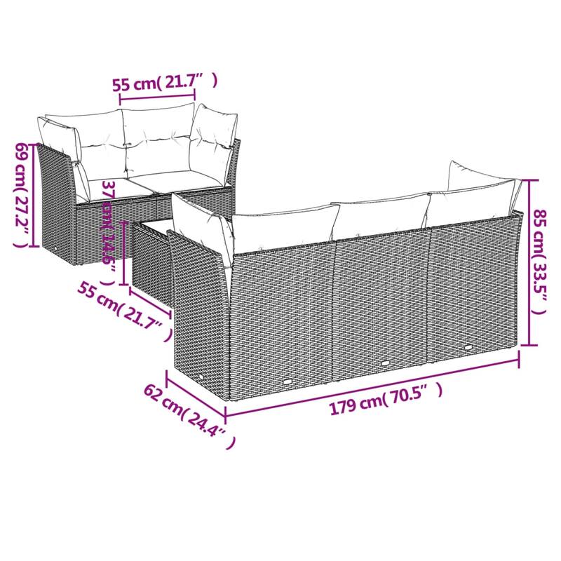 vidaXL 6 Piece Patio Sofa Set with Cushions Black Poly Rattan - 92.5x27.2x70.5