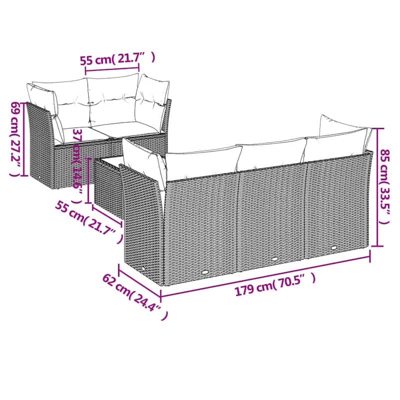 vidaXL Patio Sofa Set with Cushions Outdoor Furniture 6 Piece Poly Rattan - 21.7 x 21.7 x 14.6