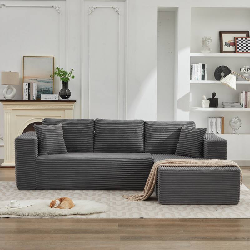 Modular Sectional Sofa with L-Shape Chaise, Oversized Corduroy Upholstered Cloud Sofa, Deep Seat Sofa with 2 Throw Pillows - Gray
